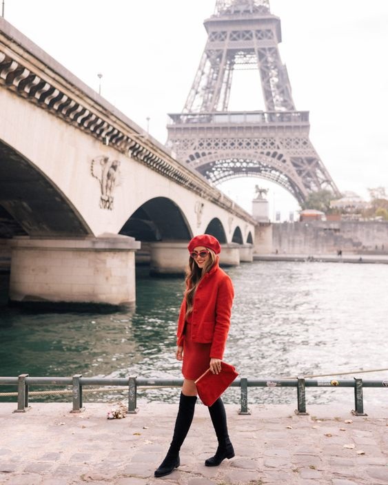 Parisienne Style, cayenne red jacket, cayenne skirt, brown boots, and cayenne beret with sunglasses