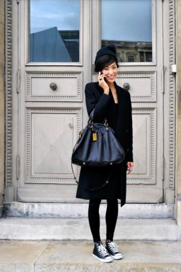 Parisienne Style, black dress, black blazer, black beret and sneakers