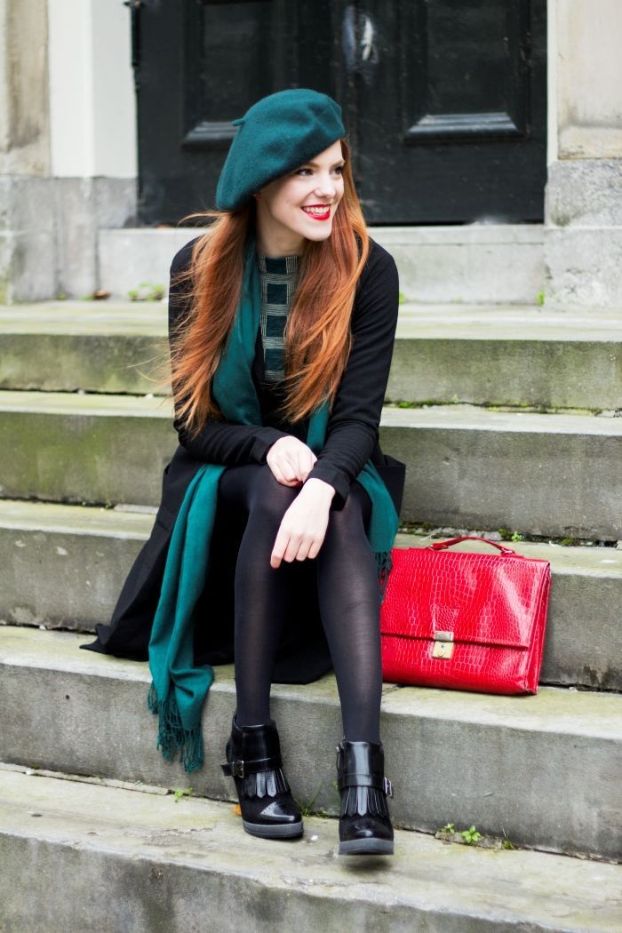 Parisienne Style, wearing a beret, green beret, striped top, black coat and green scarf