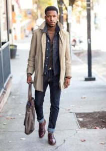 men's night on the town outfits, laid back cool denim, trench coat, jean  jacket and turtleneck-min