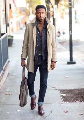 men's night on the town outfits, laid back cool denim, trench coat, jean jacket and turtleneck