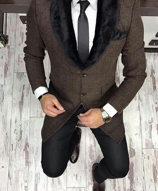 men's night on the town outfits, tweed blazer with black fur collar, black trousers, and white button down shirt