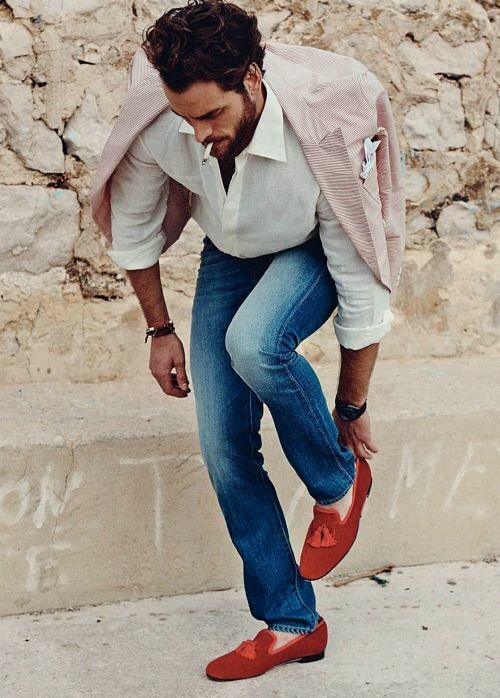 3 Key Pieces that Change Your Look, trendy shoes, men's denim, white shirt, red and orange loafers