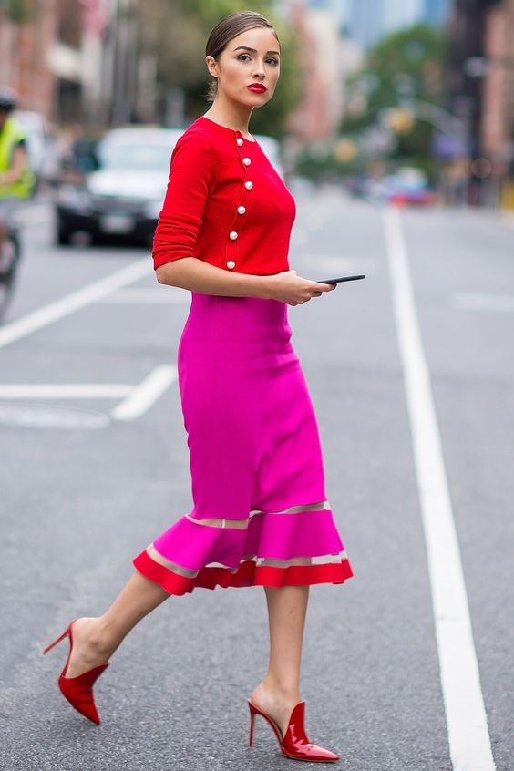 Galentine's Day fashion outfit, valentine's day work outfit, red blouse, pink midi skirt and red mules