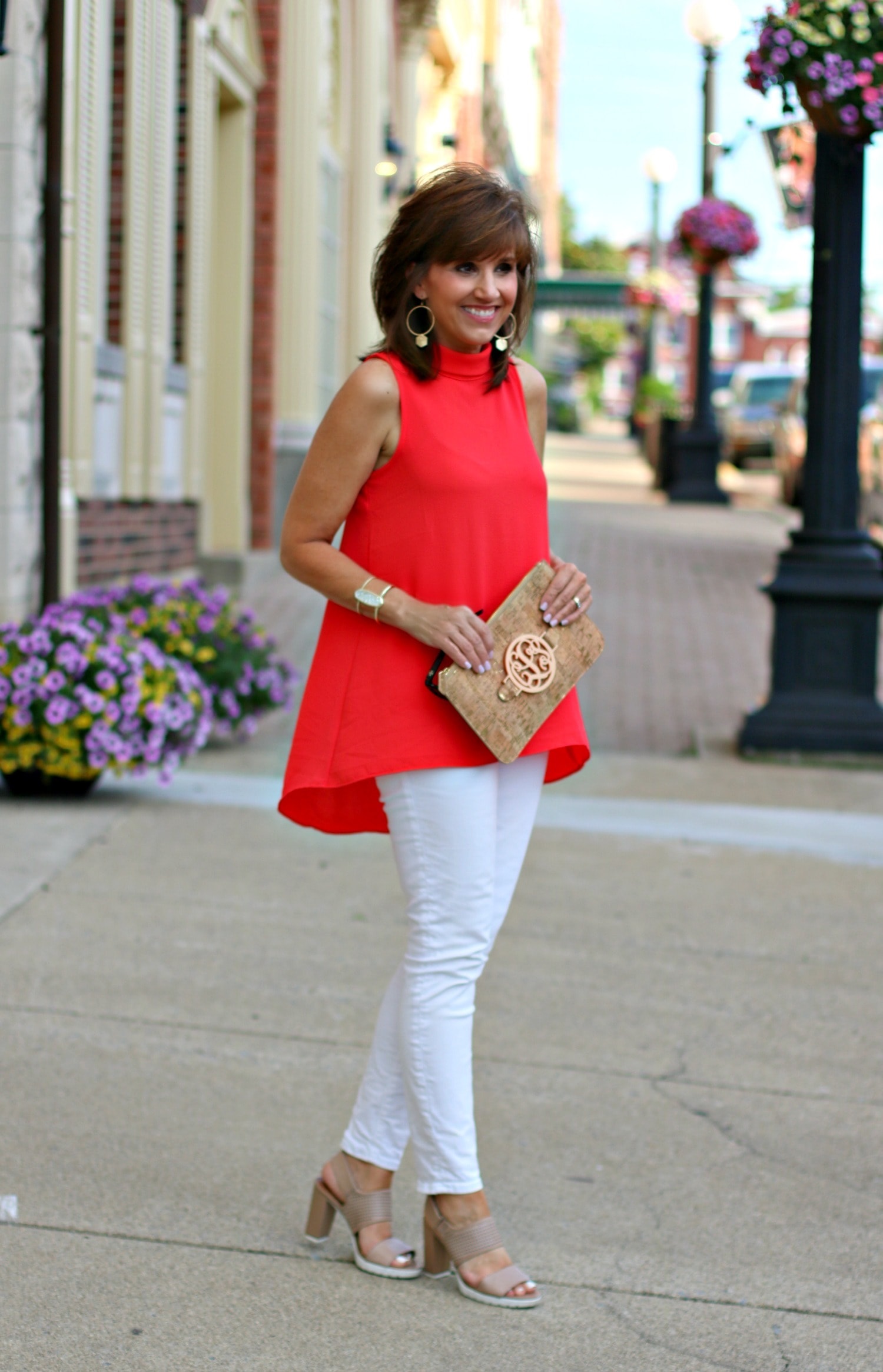 Red top and white hot sale pants