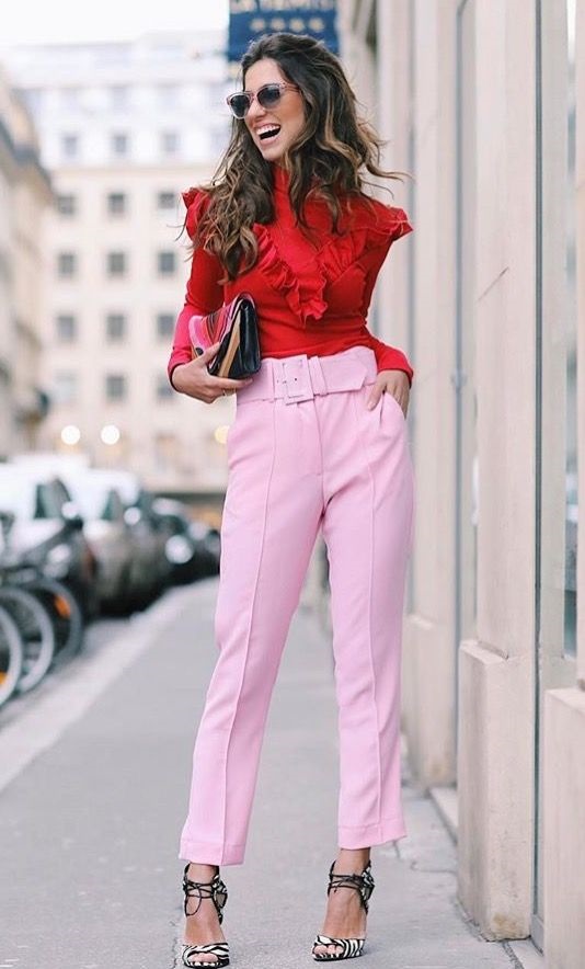 Galetines Day fashion red blouse and pink pants