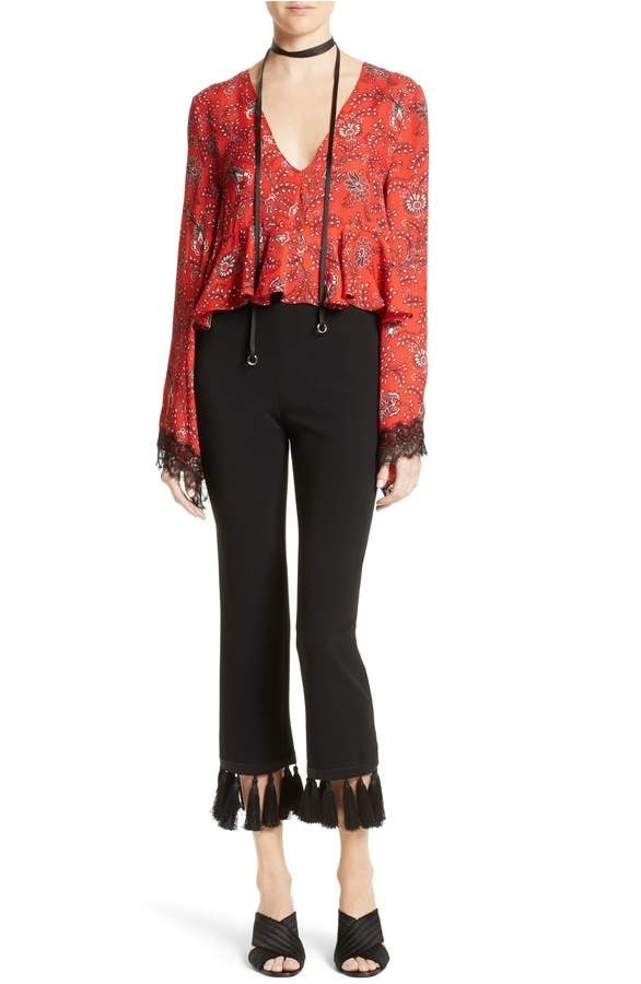 transition to spring fashion, cinq a sept black tassel pants, print blouse