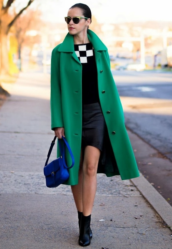transition to spring wardrobe for women, green coat, navy dress and navy boots