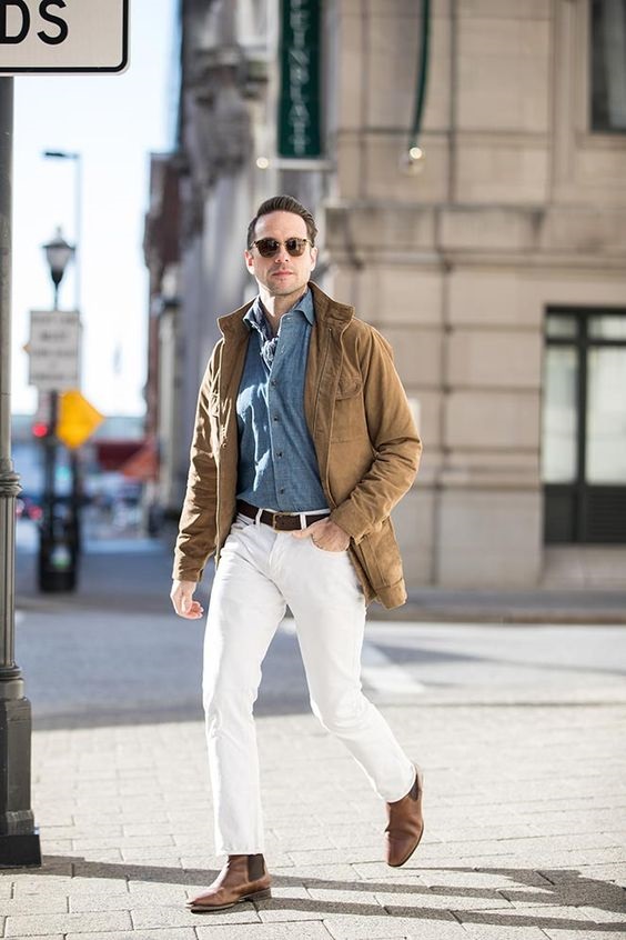 5 must have spring shoes for men, men's chelsea boots, men's spring outfit white jeans, denim shirt, jacket and chelsea boots