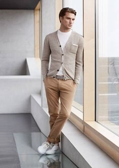 men's spring shoe trends 2018, the updated sneaker, white suede snaker, gray cardigan and neutral pants