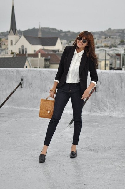 Commuter shoes...smart loafers, black blazer, black pants, black loafers and white blouse