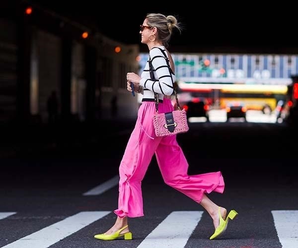 Spring Shoe Trends, low heels, kitten heels, striped shirt, pink pants, and yellow shoes