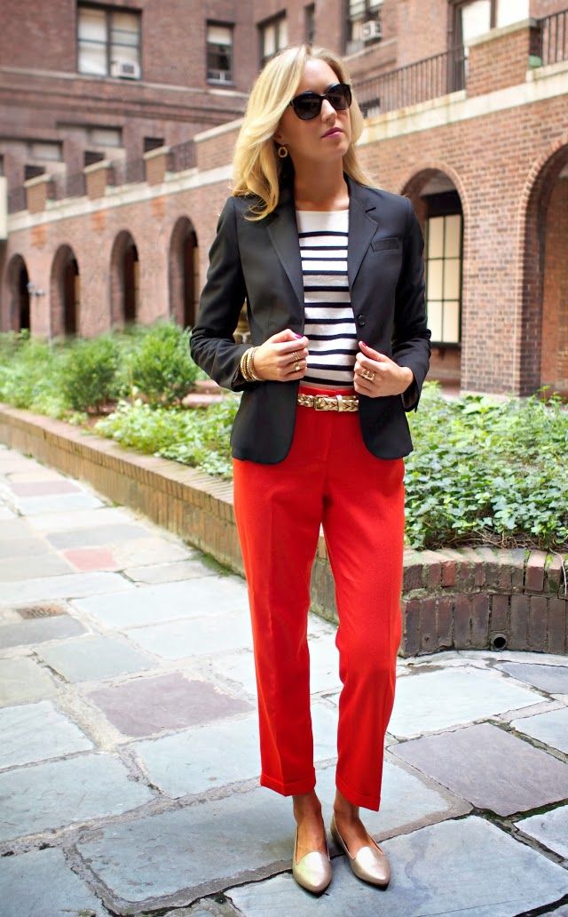 commuter shoes for women, ballet flats, women's red pants, navy blazer, striped sweater and gold flats with belt