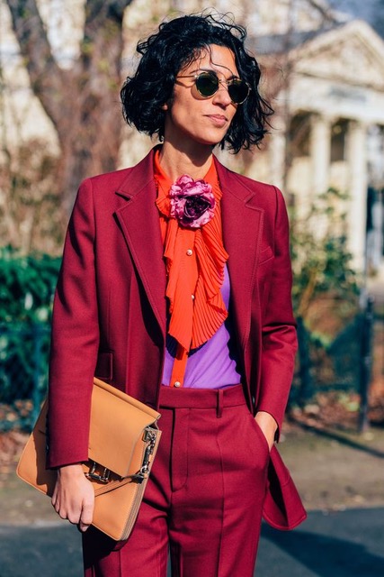 7 Things You Shouldn’t Have in Your Closet After 30, boring suit, maroon suit with colored blouse