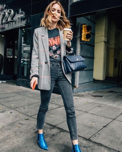 7 Things You Shouldn’t Have in Your Closet After 30, novelty tee, rocker graphic tee, plaid blazer, black jeans