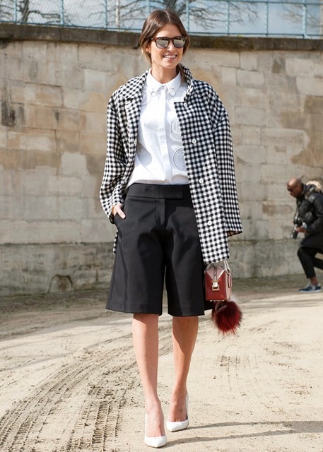 7 things you shouldn't wear after 30, short shorts, black and white striped blazer, black shorts