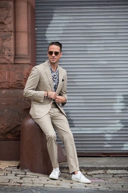 Men's Spring Suiting + Print Button Downs, khaki suit, black and white print shirt, white sneakers