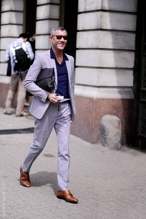 Men's Spring Suiting + Print Button Down, blue suit with navy popover and monk strap shoes