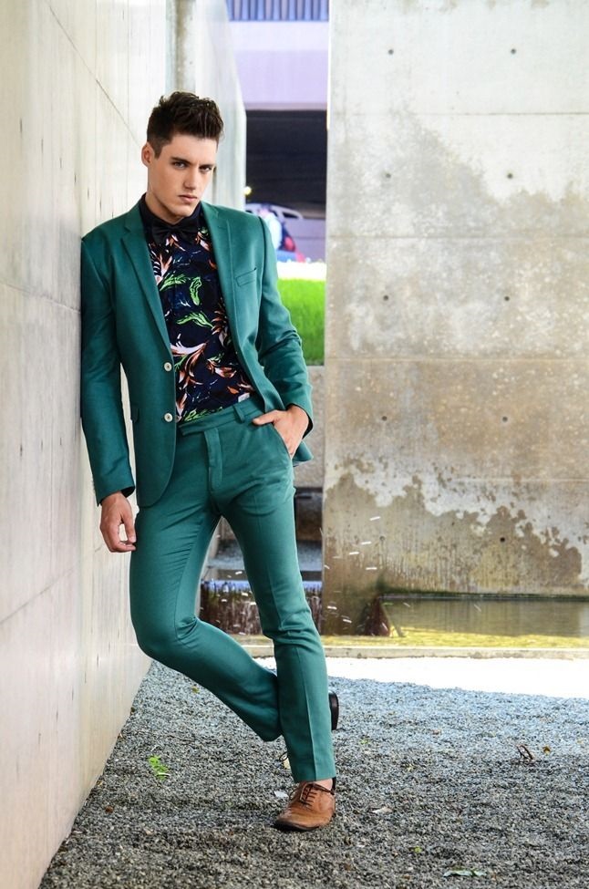 Men's Spring Suiting + Print Button Down, green suit with black print button down shirt