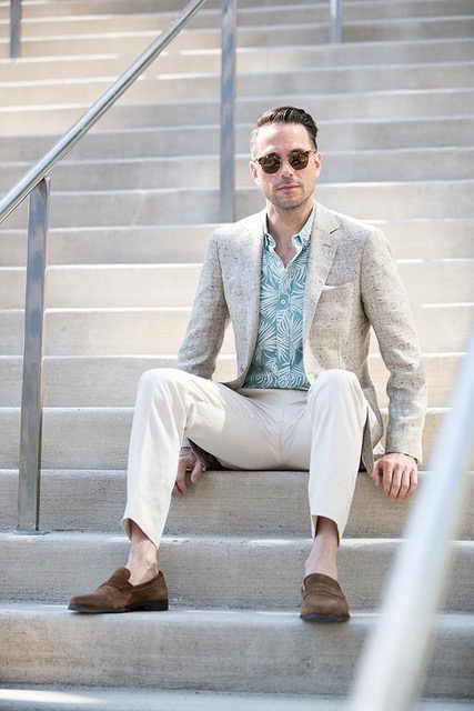 Men's Spring Suiting + Print button Down Shirt, khaki tweed blazer, khaki pants, green and white leaf print shirt