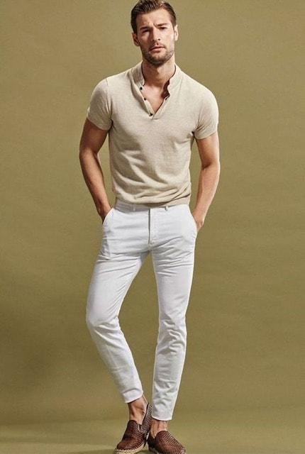 How to Stay Cool and Look Chic this Summer for Men, tan popover shirt, white jeans, brown slip on sneakers