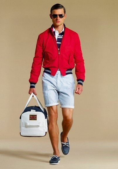 Red, White, and Beautiful Fourth of July Outfit, men's BBQ outfit, red bomber jacket with striped shorts