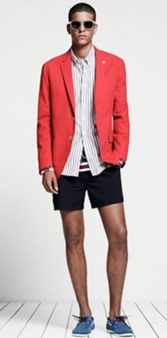 Red, White, and Beautiful Fourth of July Outfit, pool party outfit, Tommy Hilfiger red blazer, black shorts, striped button down shirt