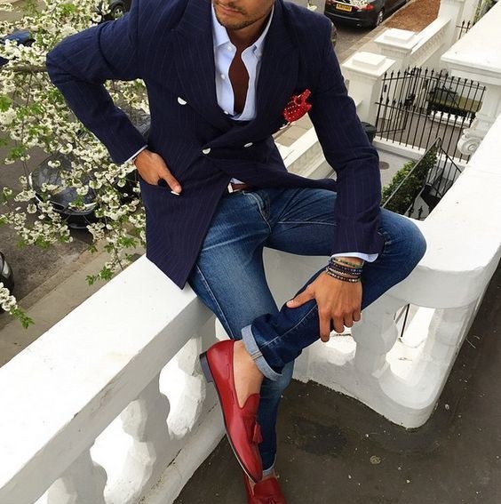 Red, White, and Beautiful Fourth of July Outfits, fourth of july party outfit for men, navy blazer, white button down shirt, and red loafers