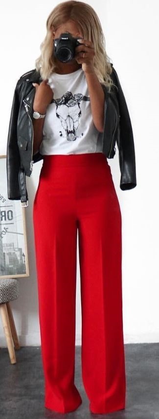 Red, White and Beautiful Fourth of July Outfits, red wide leg pants, graphic tee, leather jacket