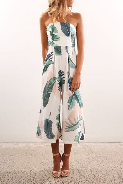 Easy & Chic Labor Day Looks, jumpsuit, polynesian banana leaf print white floral jumpsuit