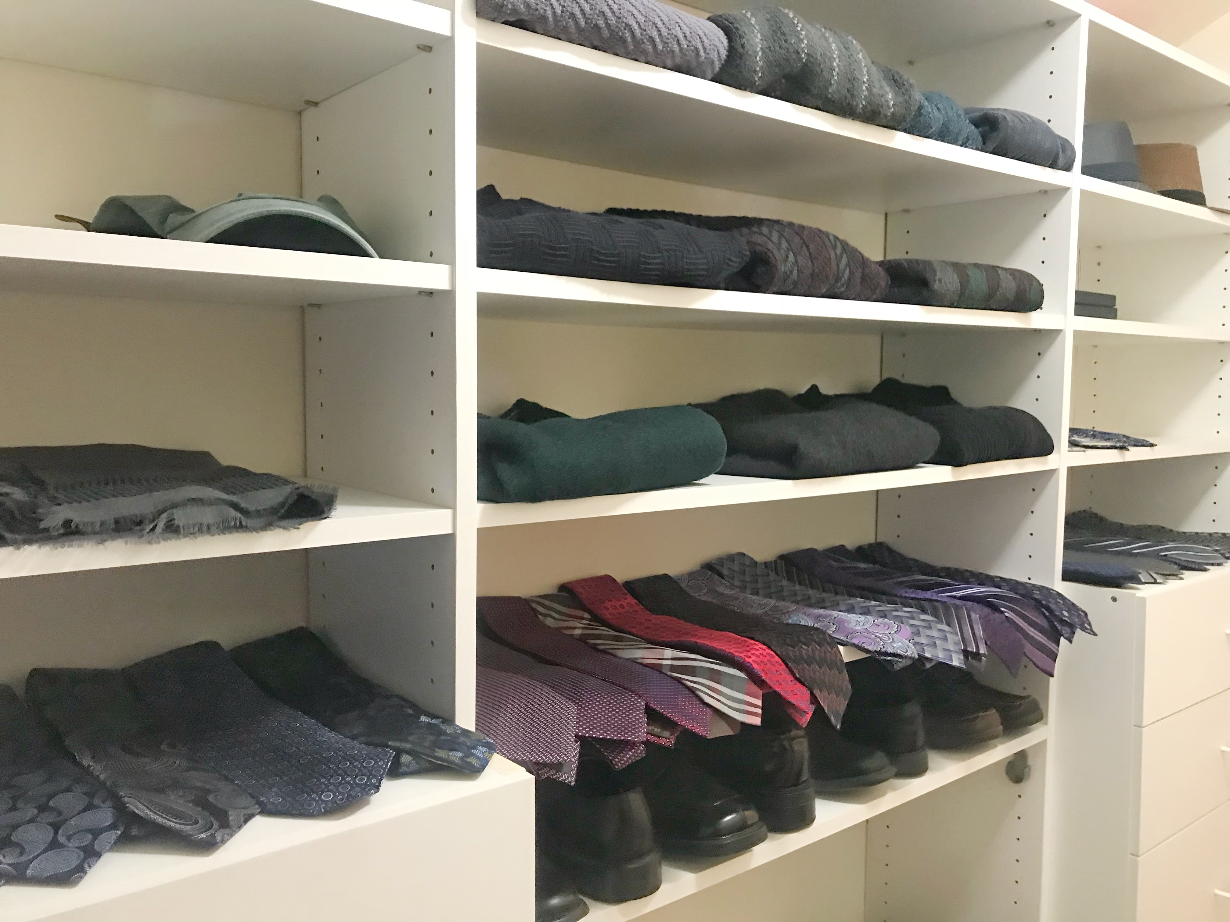 Men's closet makeover, men's closet design, men's closet edit, men's shelves for sweaters, ties, scarves, and shoes