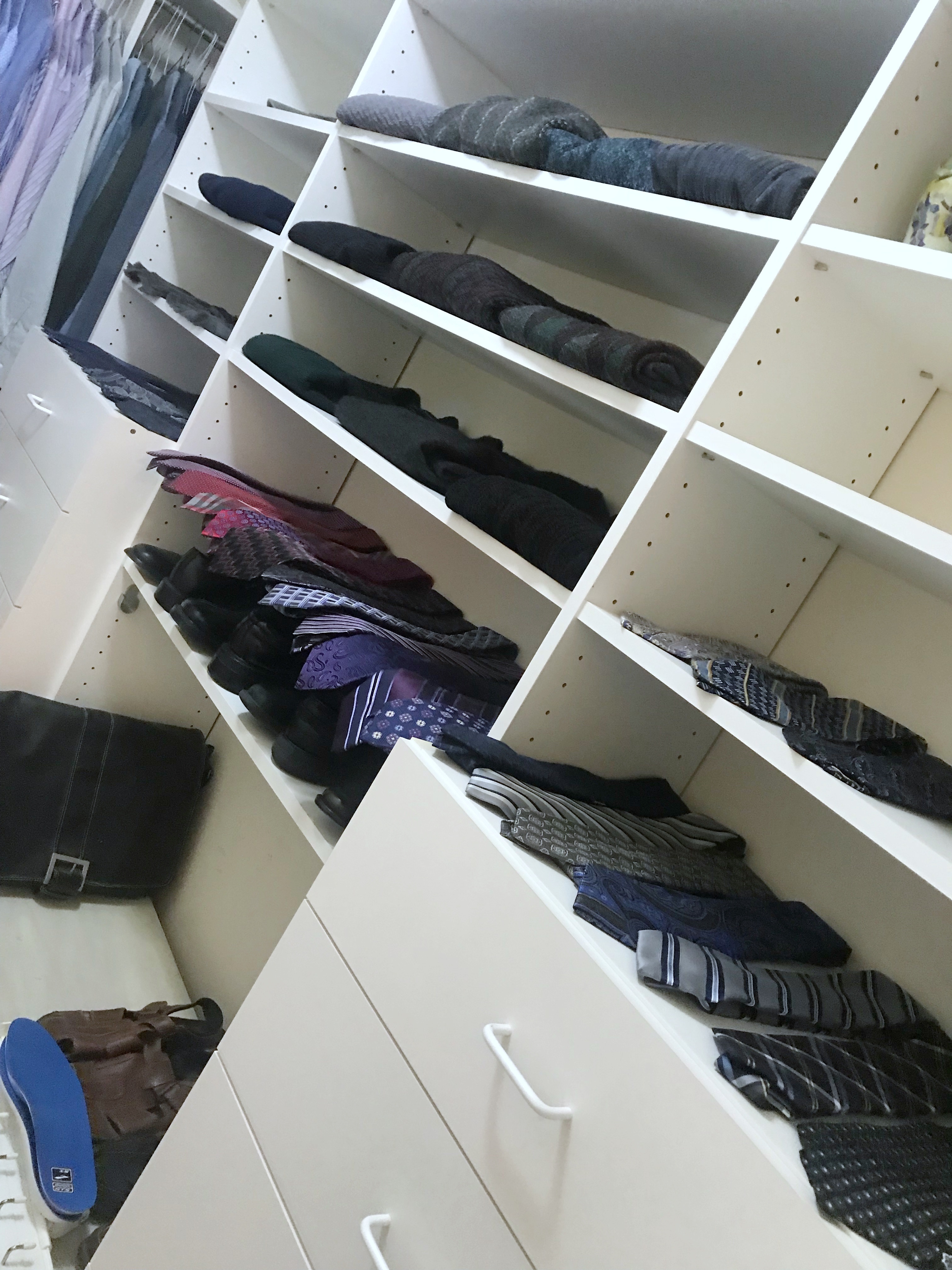 Men's professional closet makeover, closet edit, tie shelves, tie organization, tie closet