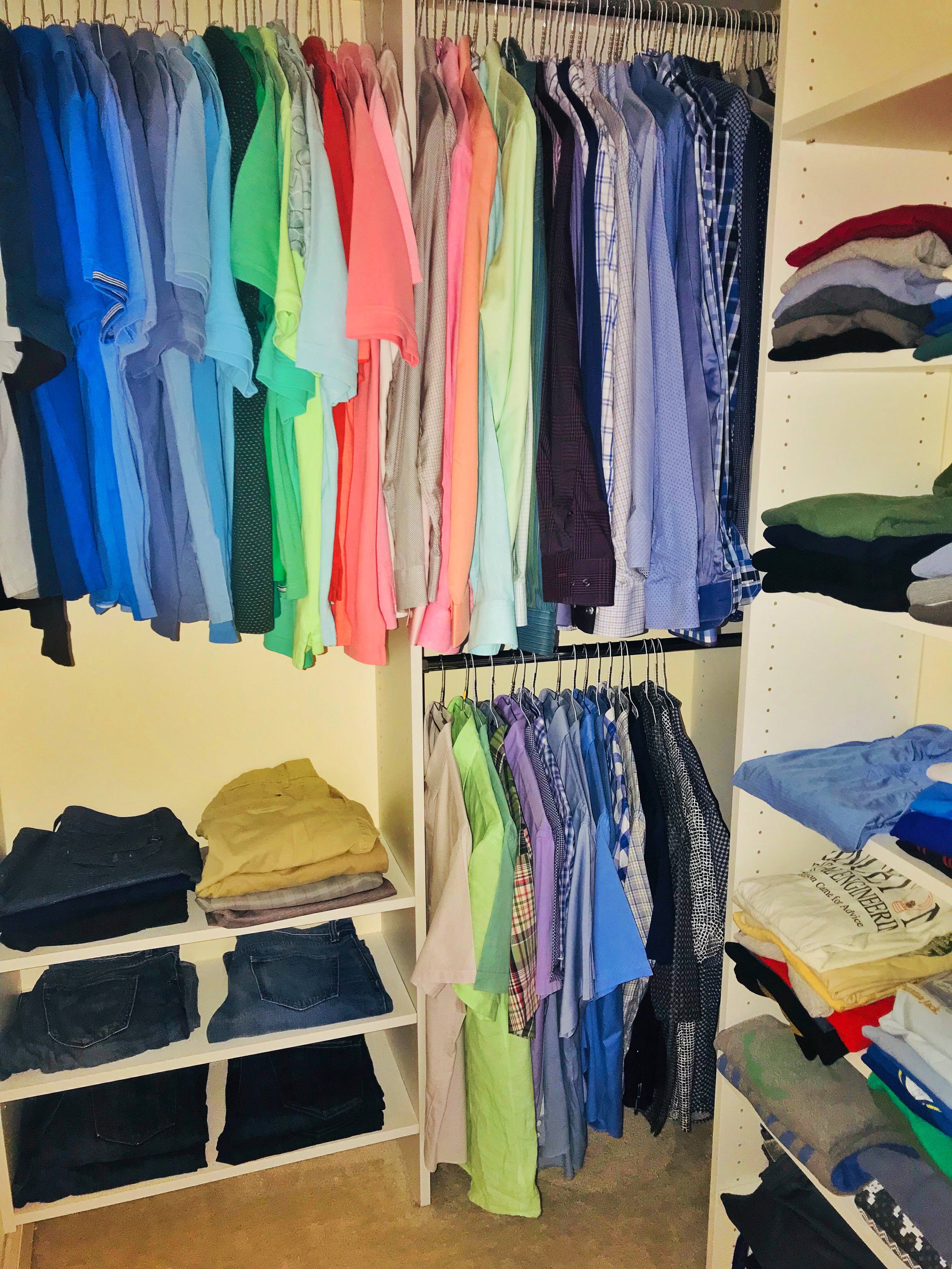 Men's Closet Makeover, Male Closet Edit, casual closet designed and organized