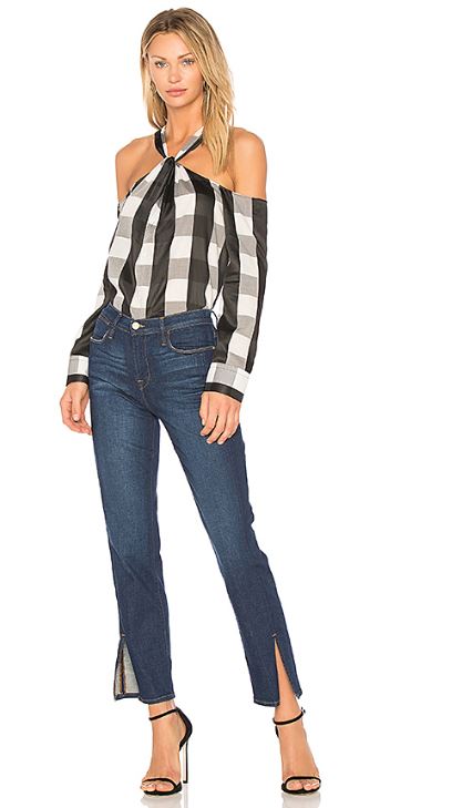 Fall's Hottest Denim Trends, split seam jeans, Fram tuxedo split seam jeans, black and white print top