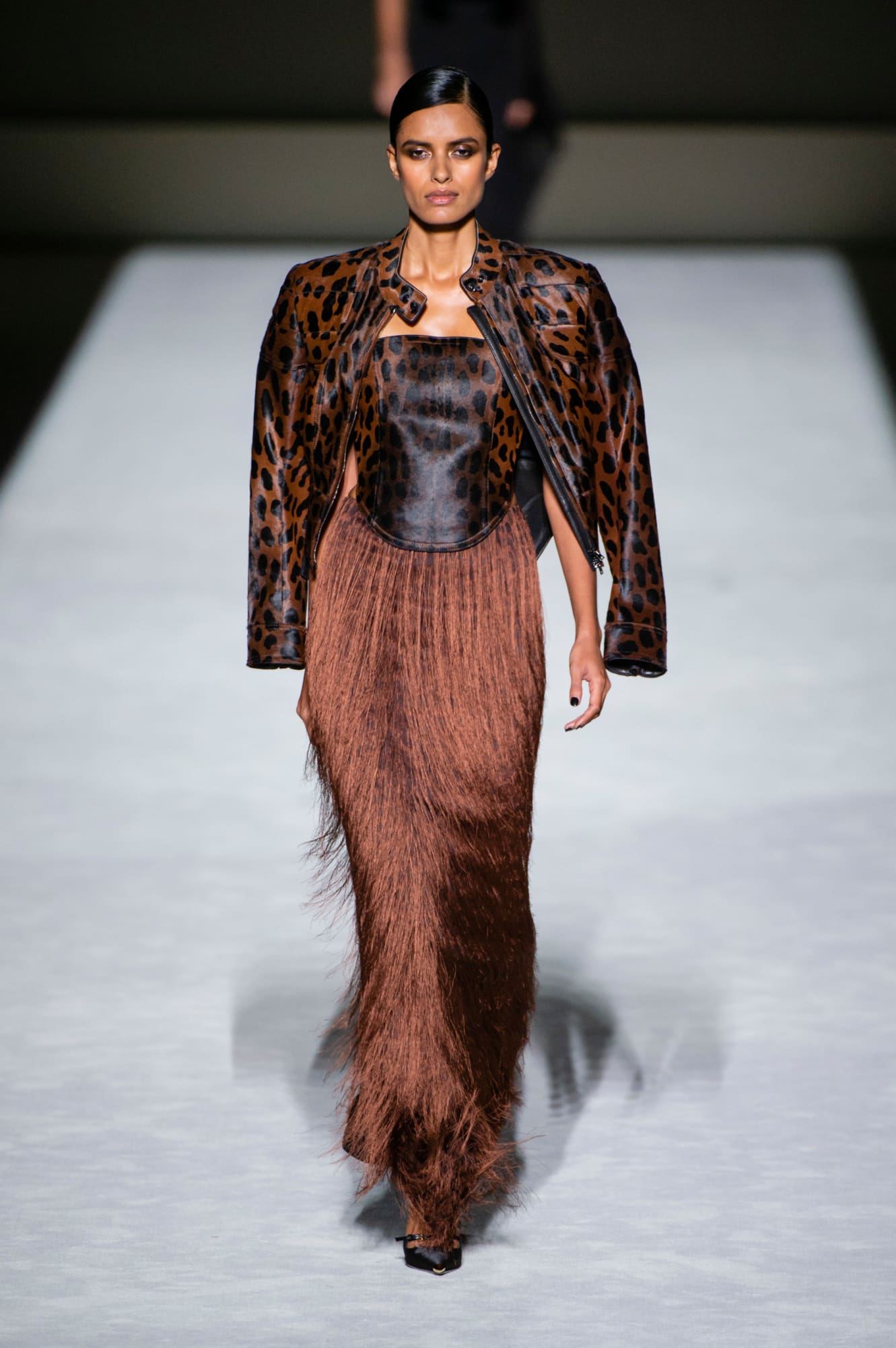 Tom Ford spring 2019 collection, animal print and fringe dress brown |  Divine Style