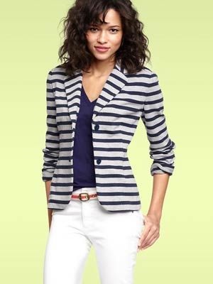 White Denim After Labor Day...white jeans, blue striped blazer, blue tee