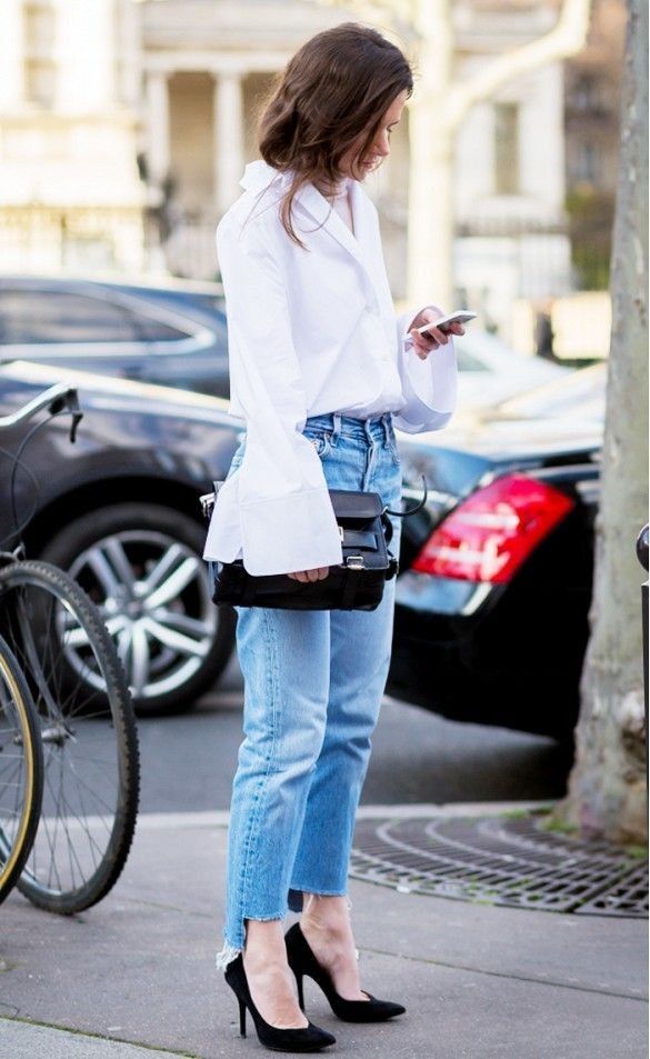 Fall’s Hottest Denim Trends, high-low jeans, white button down flare sleeve shirt with high low jeans