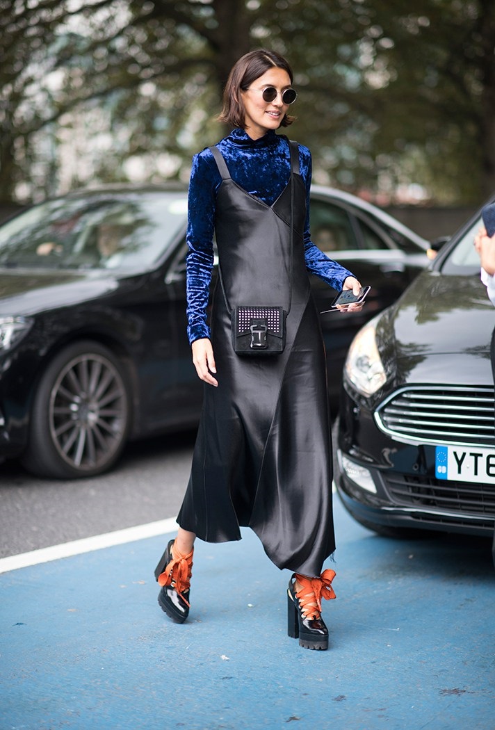 Fall Layering, blue velvet turtleneck, black leather long dress, orange lace tie black boots