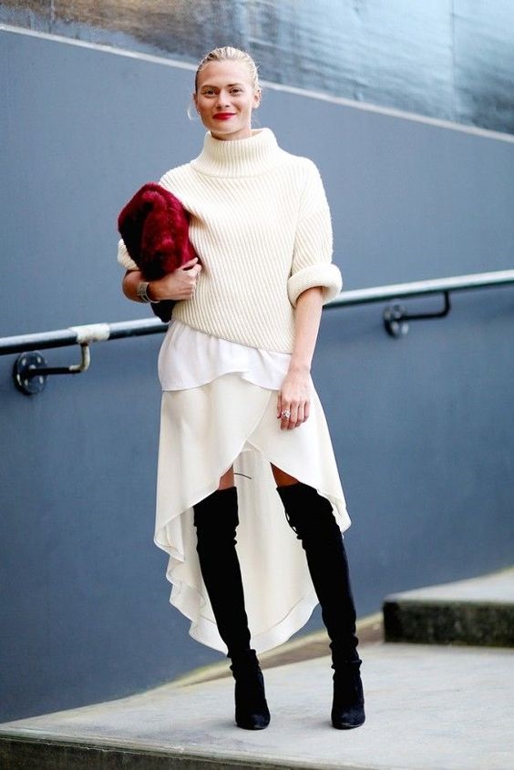 Fall Layering, cream sweater, white top, cream high-low skirt, black thigh high boots