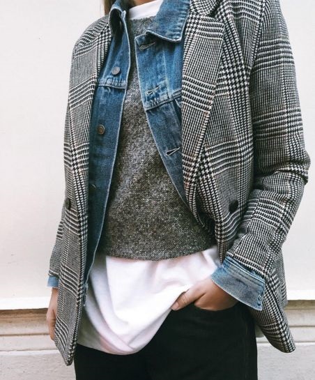 Fall Layering, plaid blzer, jean jacket, gray sweater, white shirt