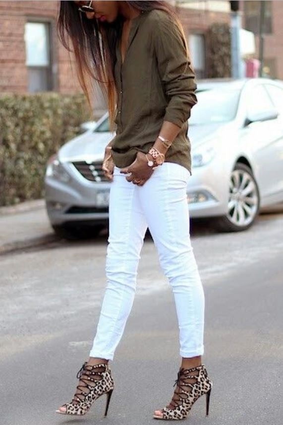 White Denim After Labor Day…You Can & Should, white jeans, olive sweater, leopard caged sandals