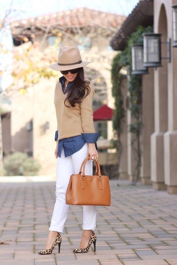 White Denim After Labor Day…You Can & Should, white jeans, chambray shirt, camel sweater, animal print high heels, hat