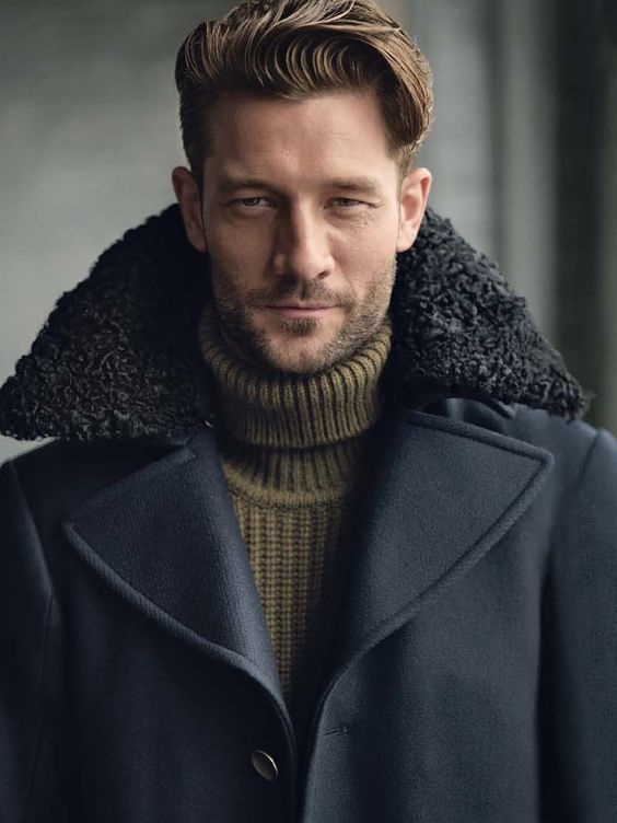 5 Stylish Coats that Completely Change Your Look Men, fur trimmed hood coat with olive turtleneck sweater