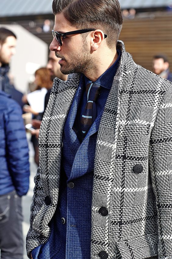 5 Stylish Coats that Completely Change Your Look Men, houndstooth overcoat, blue suit with gray and black houndstooth coat