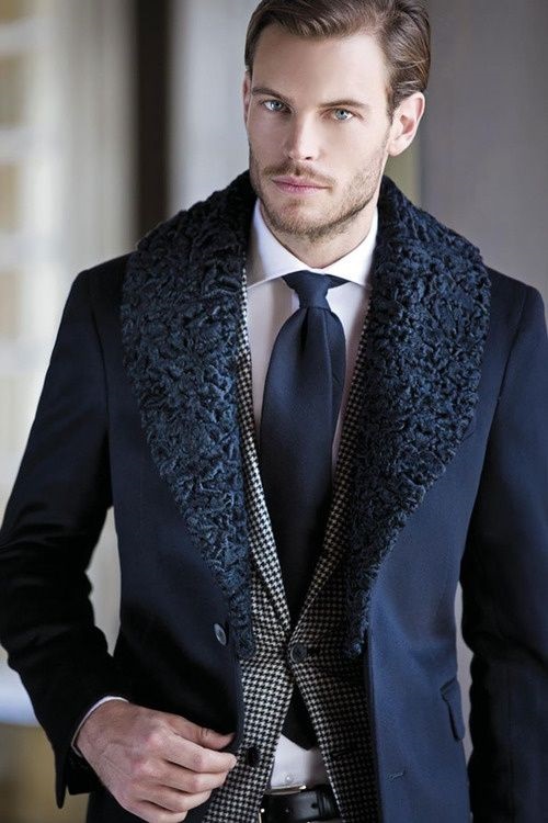 Men s stylish Coats blue wool coat with fur collar black and white houndstooth blazer min Divine Style