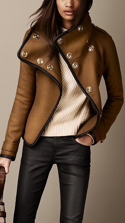 What to Wear on Thanksgiving Day, stylish jacket and sweater, Burberry textured jacket closes metal buttons