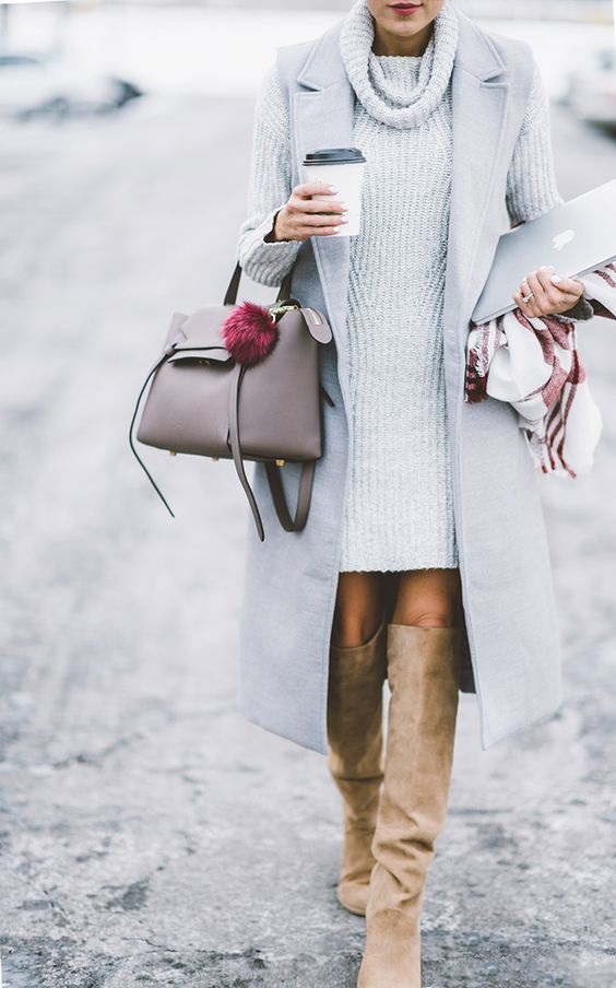 What to Wear on Thanksgiving, sweater dress, vest, over the knee boots, gray sweater dress, gray vest, taupe suede boots