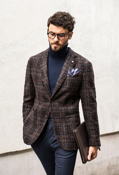 Men's holiday style, what to wear to work holiday party, men's tweed blazer with blue turtleneck