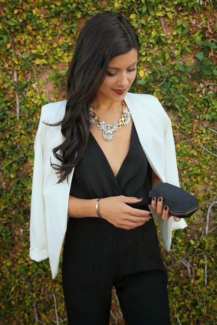 Party Looks and Presents for all your Holiday Needs, black jumpsuit, white blazer, statement crystal necklace