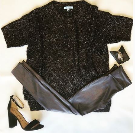 Party Looks and Presents for all your Holiday Needs, black sweater metallic sweater, black leather leggings